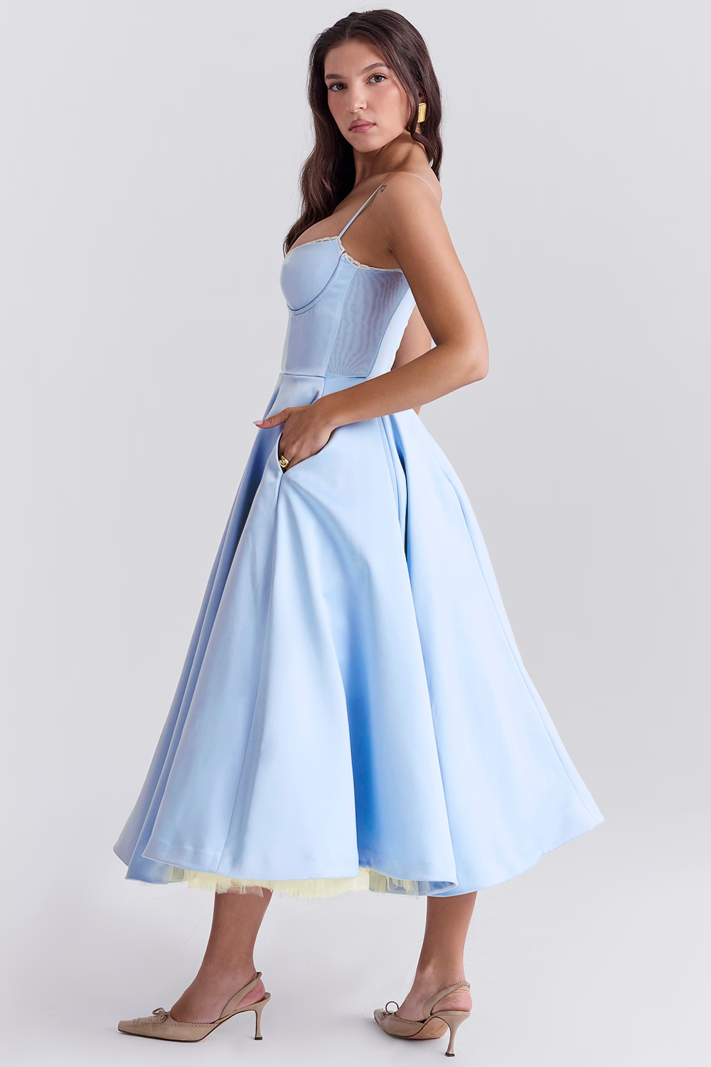 Royale Women's Midi Dress with Corset Bodice and Tulle Skirt