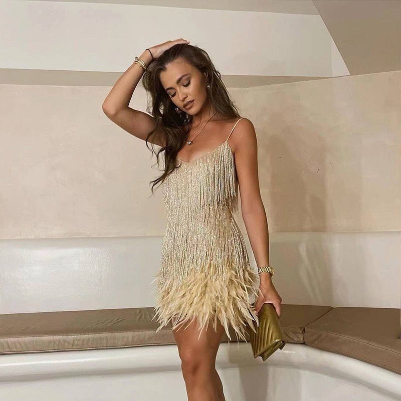 Women’s Sequined Party Mini Dress with Feather Trim