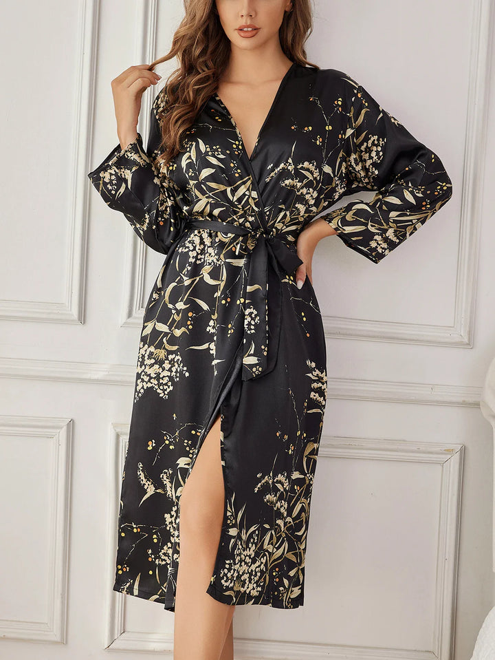 Women's Floral Print Dressing Gown with Belted Waist and Long Sleeves