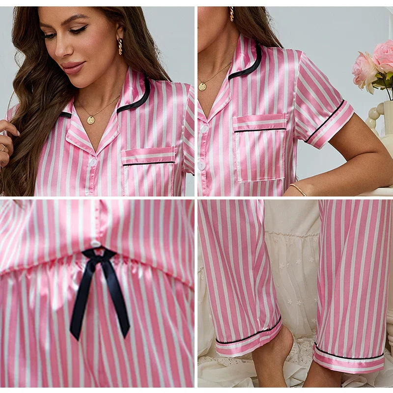 Women's Pink 2-Piece Pyjama Set with Striped Shirt and Trousers