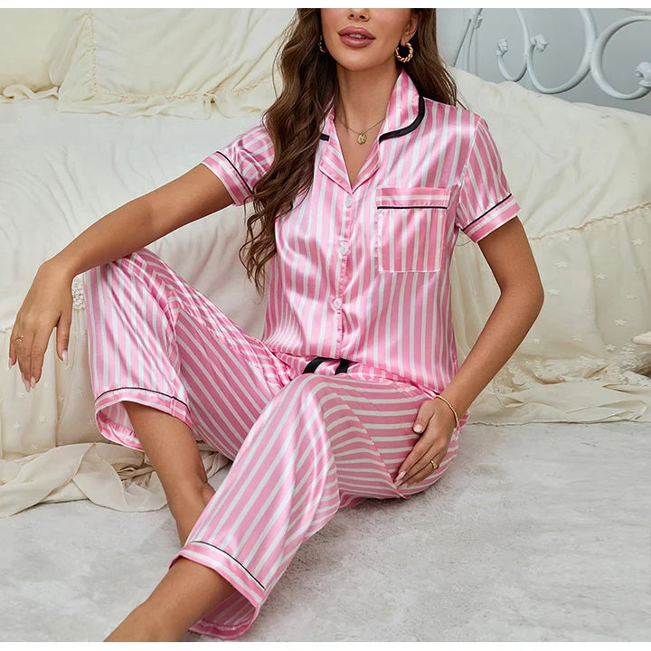Women's Pink 2-Piece Pyjama Set with Striped Shirt and Trousers