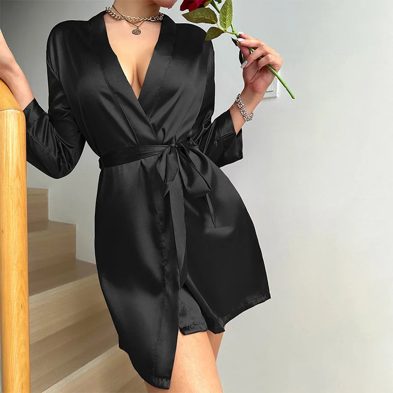 Women's Short Dressing Gown with Belted Waist and Long Sleeves