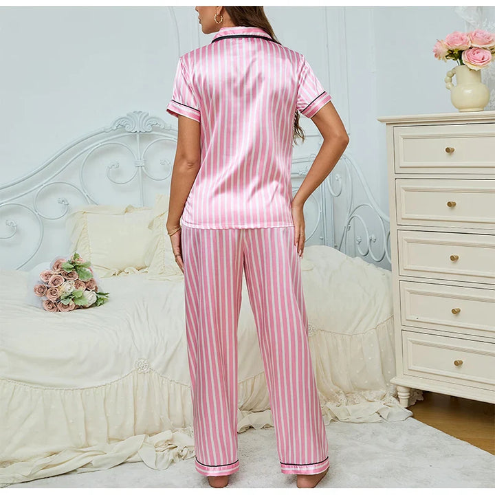 Women's Pink 2-Piece Pyjama Set with Striped Shirt and Trousers