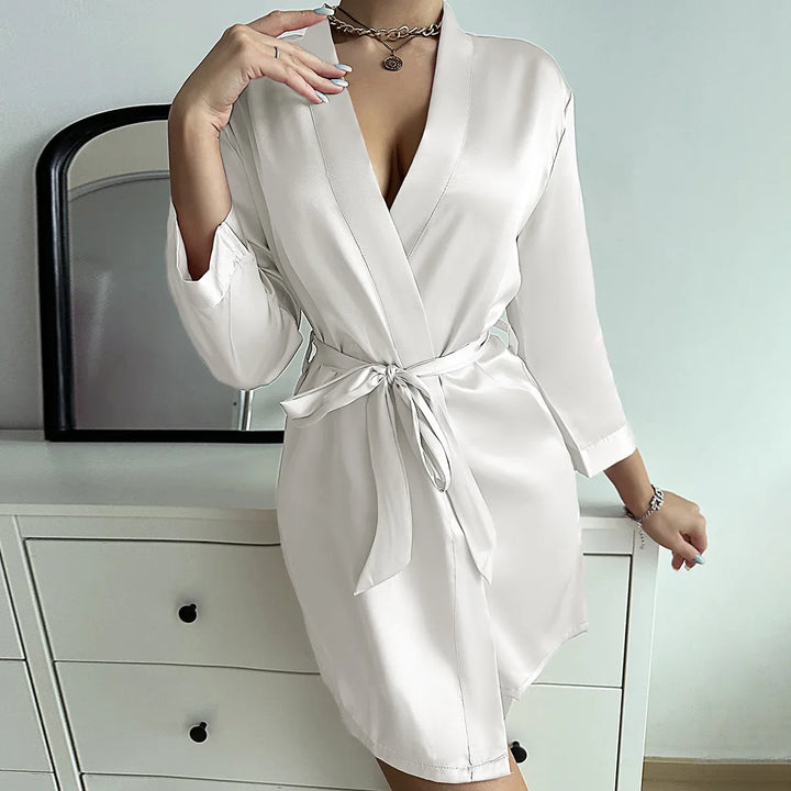 Women's Short Dressing Gown with Belted Waist and Long Sleeves