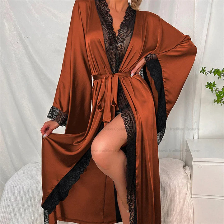 Women's Long Lace Kimono Dressing Gown with Belted Waist and Wide Sleeves