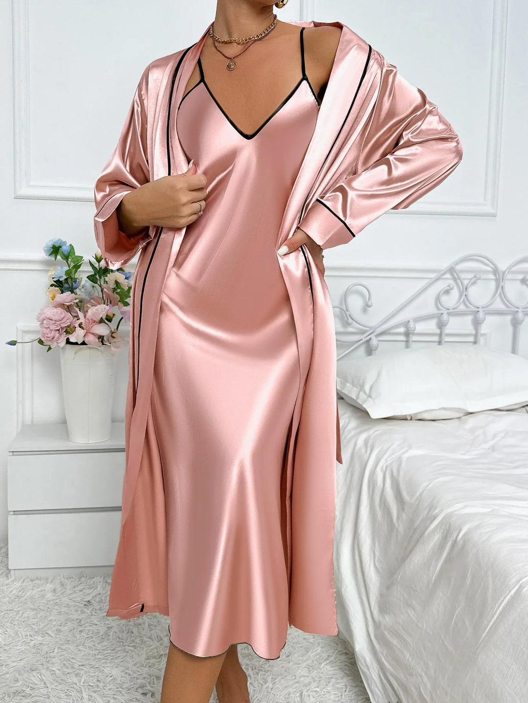 Women's 2-Piece Pyjama Set with Long Sleeve Robe and Slip Dress