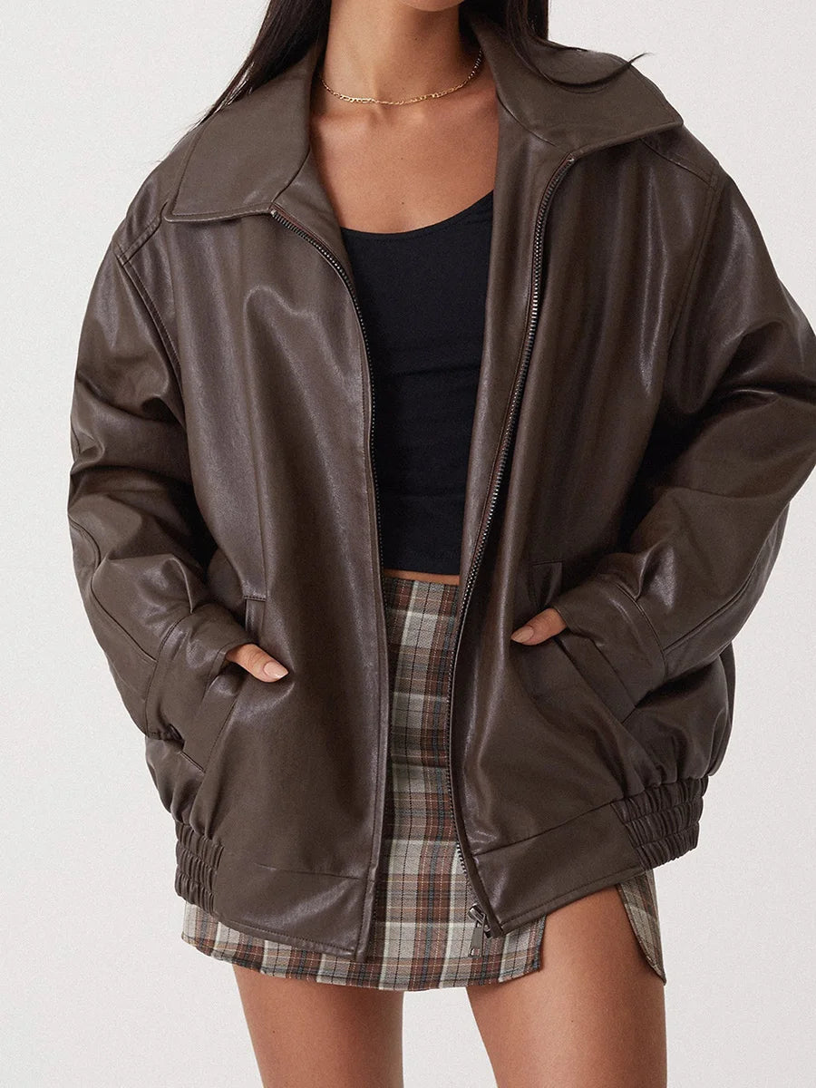 Women's Oversized Bomber Jacket with Zipper Front